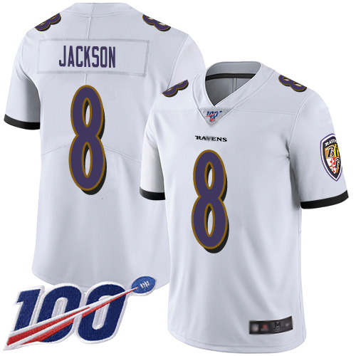 Men's Baltimore Ravens #8 Lamar Jackson White 2019 100th Season Vapor Untouchable Limited NFL Jersey